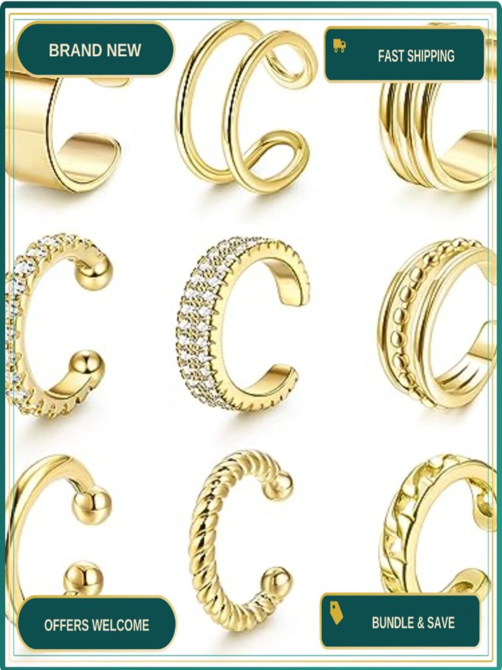 14K Gold Plated Ear Cuff Earrings Non Piercing Clip On Cartilage 9 Pc Set
